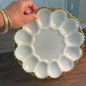 Vintage Anchor Hocking Fire King Milk Glass and Gold Scalloped Deviled Egg Plate